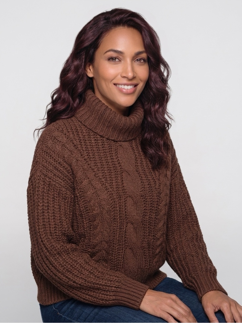 Boohoo Chunky Cable Turtleneck Sweater - Chocolate Brown